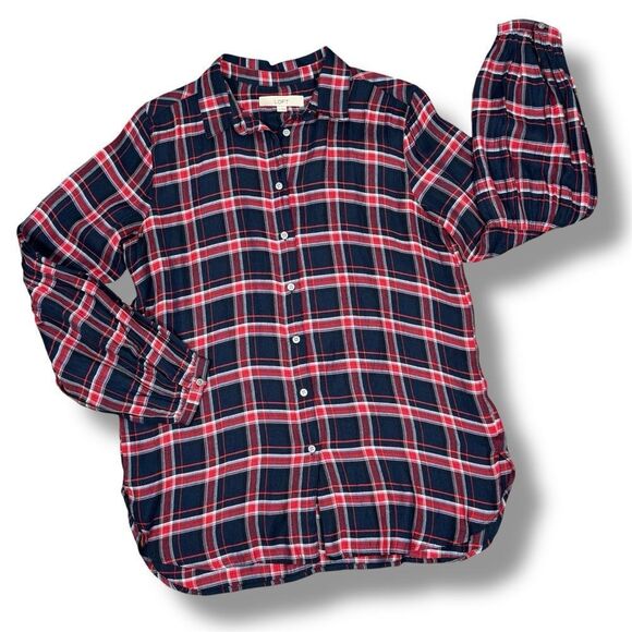 Loft Plaid Lightweight Bishop Sleeve Button Up Tunic Shirt Blue Red Small - Picture 14 of 14